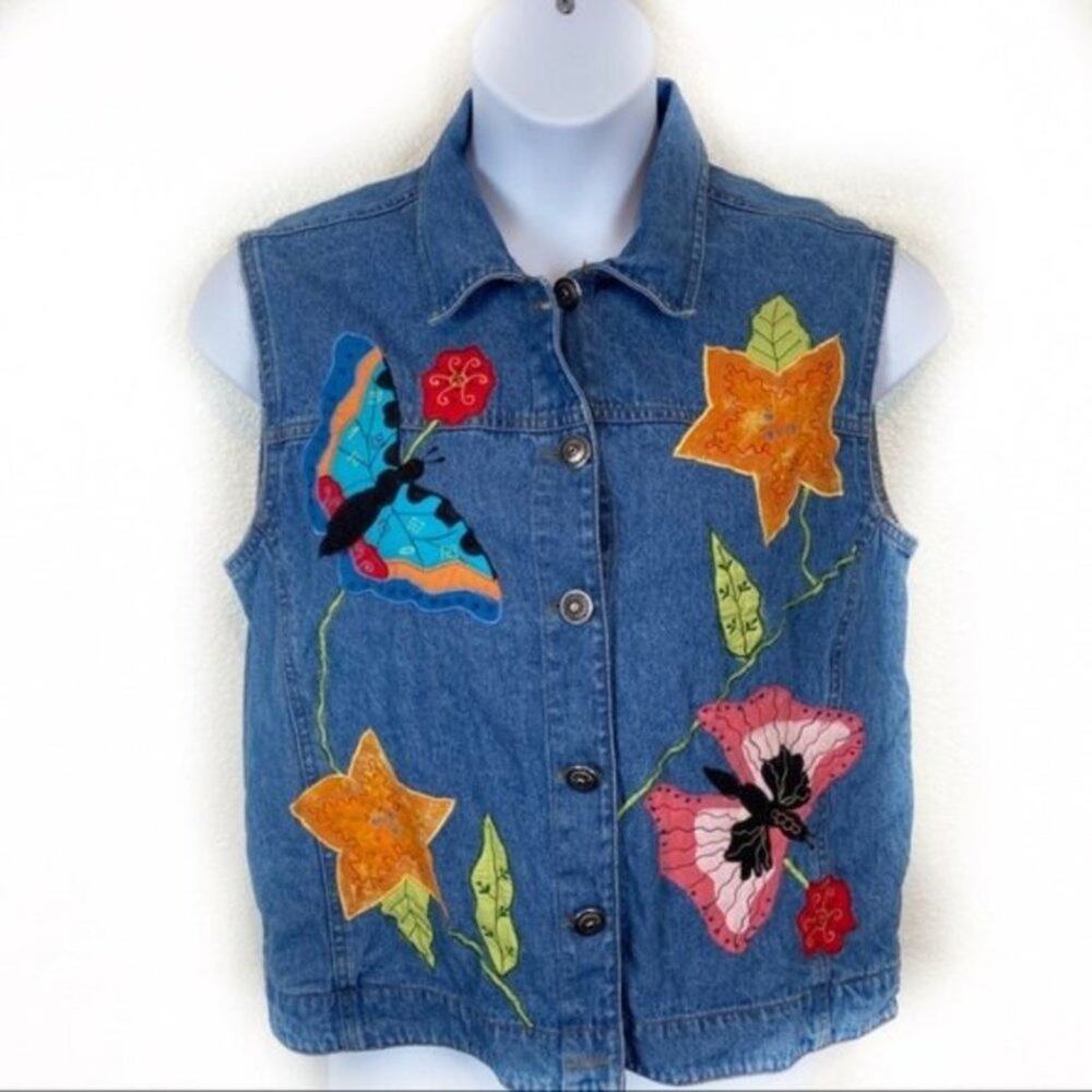 Butterfly Flower Denim Vest Novelty Cut Off Sleeves Oversize Vintage Retro Bold